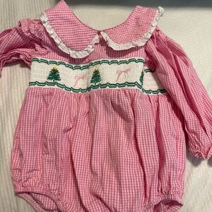 Pink Gingham Baby Romper with Christmas Embroidery